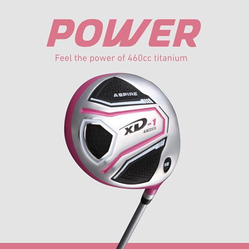 Image of Aspire XD1 Womens Golf Clubs Full Set, Includes Driver, Fairway, Hybrid, 6-PW Irons, Putter, Stand Bag, 3 H /C's, Ultra-Light Graphite Shafts, Golf Clubs Women Right Handed, Comes in 3 Sizes, Pink