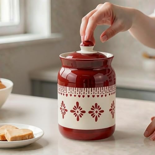 Image of Orange Jhalar Ceramic Handglazed Pickle Jars Set of 1-1000 ML Each | 1 kg Achaar Martban Barni Jar with Lid | Ceramic Storage Jar Container Pickle /Achar, Chatney