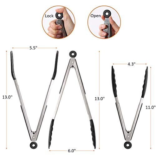 Kitchen Tongs Set Of 3 - Stainless Steel Cooking Tongs Including 12" Spatula Tong For Easy-Turning And 2 Basic Food Tongs(9", 12") For Bbq, Salad, Grilling, Serving (Black) #TOP3