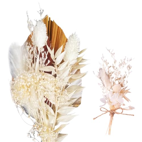 Dried Flowers for Cakes,Gold Palm Leaf Cake Topper,Boho Cake Decorations,White Dried Flowers Bouquet,Flower Cake Decorations,Suitable for Birthdays,Weddings and Crafts,with 1 Mini Bouquet