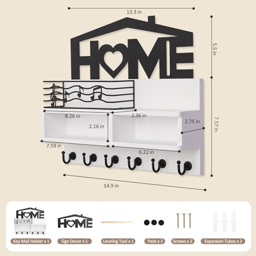 VISV-Key-Holder-Wall-Mount-Wooden-Key-Mail-Holder-Decorative-Key-Rack-with-Shelf-Key-Mail-Organizer-with-Iron-Storage-Basket-6-Key-Hooks-2-Compartments-for-Entryway-Doorway-Hallway-White