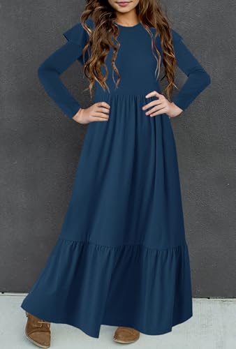 HOSIKA Girls Fall Ruffle Long Sleeve Crew Neck Loose Casual Flowy Tiered Maxi Dress with Pockets for 6-12 Y2