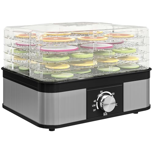HOMCOM 5 Tier Food Dehydrator, 245W Stainless Steel Food Dryer Machine with Adjustable Temperature for Drying Fruit, Meat, Vegetable, Jerky and Pet Treat, Black