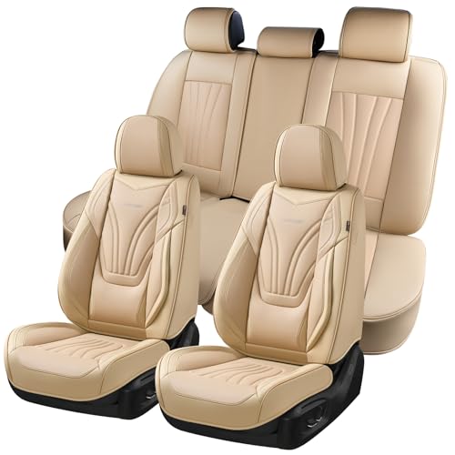 Image of Coverado Car Seat Covers Full Set, 5 Piece Car Seat Protector with Lumbar Support & Removable Headrest, Breathable Leather Front Rear Seat Cushion Universal Fit for Truck Automotive Beige