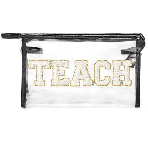 CY2SIDE TEACH Clear Makeup Bag - White TEACH Letter Patch Cosmetic Bag with Handle for Travel PVC Zipper Clear Toiletries Waterproof Portable Travel Organizer Teacher Appreciation Gifts, Black