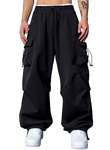 Image of JMIERR Mens Baggy Cargo Trousers Trendy Casual Parachute Pant Loose Fit Harem Joggers with Pockets for Streetwear,Black,L