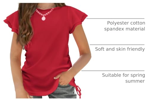 Image of Arshiner Girls T Shirts Ruffle Sleeve Ruched Knot Side Soft Summer Tee Tops
