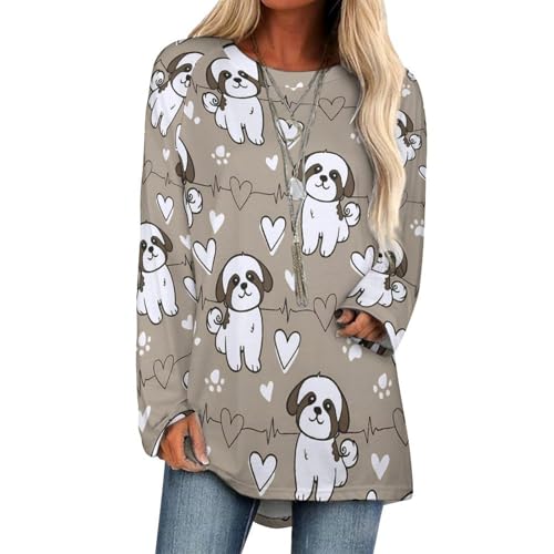 Puppy Heartbeat Women Long Sleeve Crew Neck Tee Tops Trendy Casual Dressy Blouses Fall Clothes Pullover Shirt Fashion Curved Hem Shirts