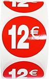 3 rollos de etiquetas de precio '12€' para productos rebajados | 1.500 pegatinas autoadhesivas de descuento en color rojo brillante | Pegatinas redondas para etiquetar ofertas de Ø35 mm (12€-3)