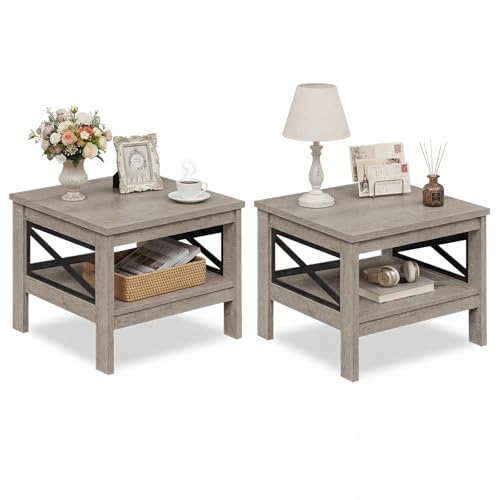 Giantex 2-Tier Square End Table Set of 2, 24'' Sofa Couch Side Table with Storage Shelf & X-Frame, Farmhouse Wood Bedside Night Stand for Bedroom Living Room (Oak Grey)
