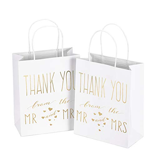 LaRibbons Medium Size Gift Bags - Gold Foil"Mr. and Mrs. Thank You" White Paper Bags with Handles for Wedding, Bridal Shower, Birthday, Baby Shower, Party Favors - 25 Pack - 8" x 4" x 10"