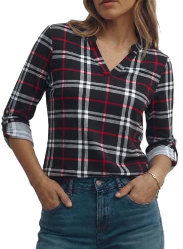Image of Dokotoo Womens Tops Plaid Cotton Cuffed 3 /4 Sleeve Shirts Blouses