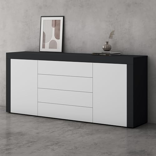 Mai & Mai Meuble de Rangement avec 2 Portes et 4 Tiroirs Casier de Rangement Polyvalent Buffet Gris Noir Mat + Blanc Mat 167x36x70 cm SR03