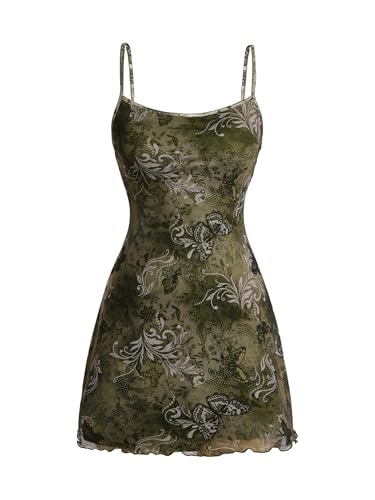 Image of Milumia Mini Dress for Women 90s Boho A Line Mesh Short Dresses | Spaghetti Strap,Sleeveless,Vintage,Paisley Print,Festival,Going Out,Cowlgirl,Y2k,
