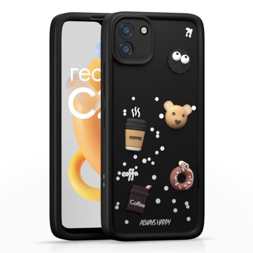 Image of Bintage Back Cover Compatible for Realme RMX2185 /Realme C11 | Cute Fun Ball | 3D Taddy Smiley Coffee | Milk Case | Full Body Protection - Black