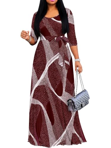 Image of PinkPatty Plus Size Maxi Dress for Women Casual V Neck 3 /4 Sleeve Boho Printed Long Dress with Pockets