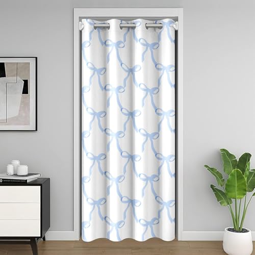 Feelyou Blue Bow Print Room Blackout Curtain Cute Bowknot Closet Door Cover Curtain for Bedroom Living Room Set Ribbon Bow Door Curtain for Doorway Privacy Blue Bow Room 1 Panel, 42"x80"