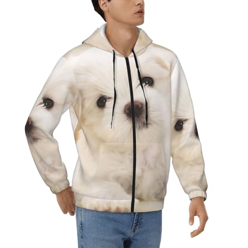 Sweat à capuche zippé homme en polyester doux motif chiot maltais du S au 3XL