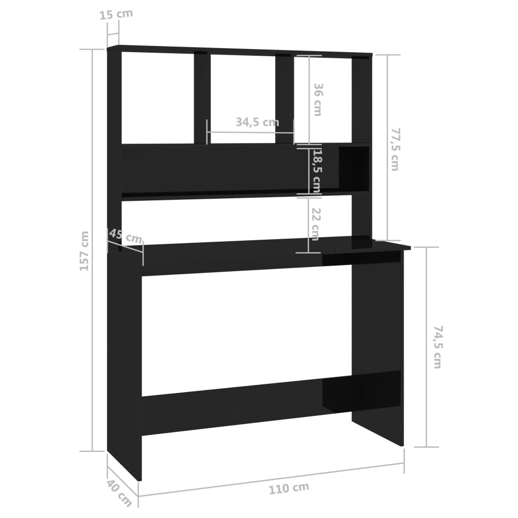 Scrivania con ripiani, nero lucido, 110 x 45 x 157 cm, scrivania da ufficio in legno, design verticale per più spazio, suddivisione moderna per raccoglitori e accessori per PC
