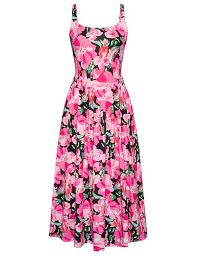 Damen Bohomain Blumenkleid 2025 Sommer Ärmelloses Freizeitkleid A-Linie Midi Taillen Urlaub Kleider Rosenrote Blumen L