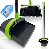 Long Handled Dustpan and Brush Set with Built In Brush Cleaner - Indoor Broom and Dustpan Set for Floor Cleaning Tall Dust Pan and Brush - Indoor Dustpan and Brush Sets (Black and Green)