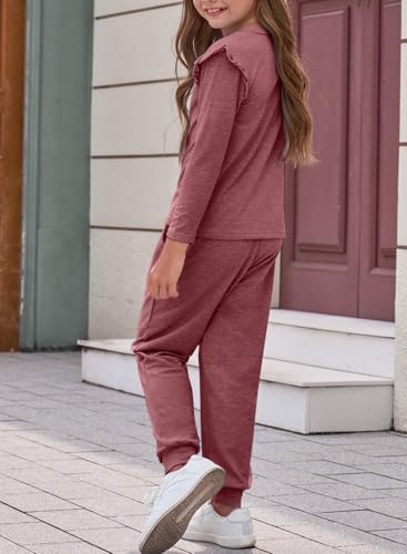 blibean Tween Girls Fall Clothes Sets Big Kids Casual Ruffle Outfits Two Piece Sweatshirt and Pants Preppy Sweatsuit Size 10-11 Dark Red — view 3
