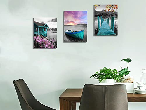 Ardemy Teal Wall Art Landscape Lake House Canvas Painting Cabin Purple Sailboat Pictures, Summer Cottage Farmhouse Artwork Framed For Bathroom Living Room Bedroom Kitchen Wall Decor 16"X20"X3 Panels #TOP3