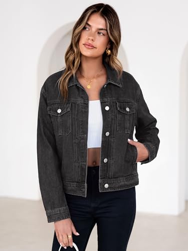 Image of Glamaker Womens Jean Jacket 2026 Casual Basic Trendy Button Down Long Sleeve denim Jacket Coat With Pockets