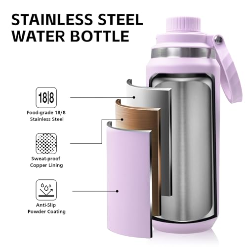 Greylock 20 oz Insulated Water Bottle with Straw Lid, Reusable Stainless Steel Sports Water Bottles with Foldable Handle, Leak Proof, Double-Wall Vacuum Insulation, 24 Hours Cold (Lilac) — view 4