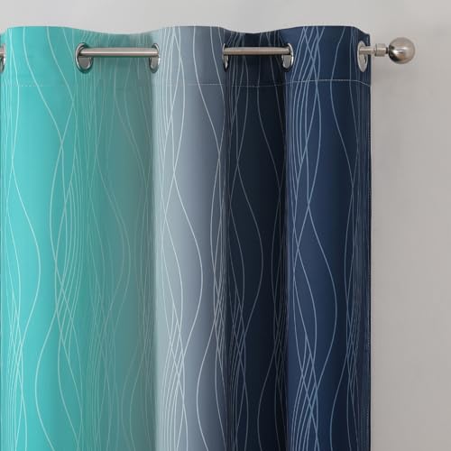 Estelar Textiler Navy Blue and Teal Ombre Blackout Curtains 54 Inch Length 2 Panels, Full Room Darkening Gradient Drapes for Kitchen, Thermal Insulated Grommet Short Curtains for Bedroom,42Wx54L