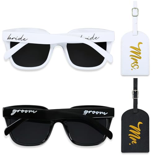 4pcs Bride and Groom Sunglasses Set - Bridal Shower Wedding Gifts, Bride and Groom Gifts, Wedding Honeymoon Sunglasses, Mr and Mrs Luggage Tags, Honeymoon Travel Bachelorette Gift