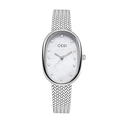 Montre femme ovale en nacre véritable et maille acier élégante