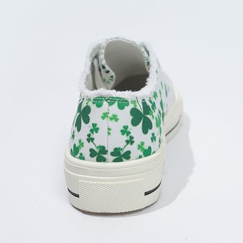 Canvas Low Top Sneakers with Shamrock Pattern, White and Green, Casual Fashion4