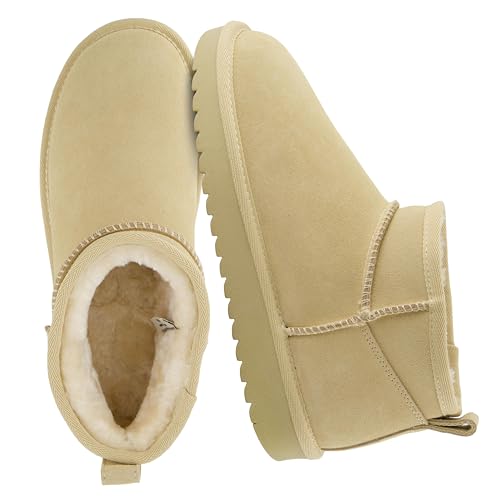 CUSHIONAIRE Hip 2 Genuine Suede Ankle Boots for Women, Cozy Faux Shearling Lining Pull On Winter Womens Boots, SAND 7.5