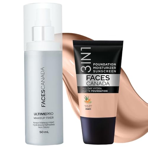 Image of FACESCANADA Waterproof Fix & Finish Kit | Makeup Fixer (50Ml) + Caramel Natural All Day Hydra Matte Mini Foundation (18Ml) | Makeup Kit For Women (Combo Pack Of 2 Count)