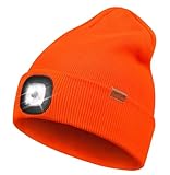LED Beanie with The Light, Unisex USB Rechargeable Headlamp Hat Winter Knitted Night Lighted Cap Flashlight Women Men Gifts for Dad Him Husband (Orange)