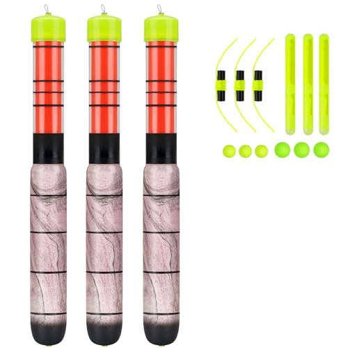 QualyQualy Lighted Fishing Floats, Weighted Floats Catfish Pole Floats Glow Sticks Lighted Bright Bobber Wood Pole Fishing Float for Big Bait 8IN 10IN 12IN, 3PCS (8''-3Pcs)