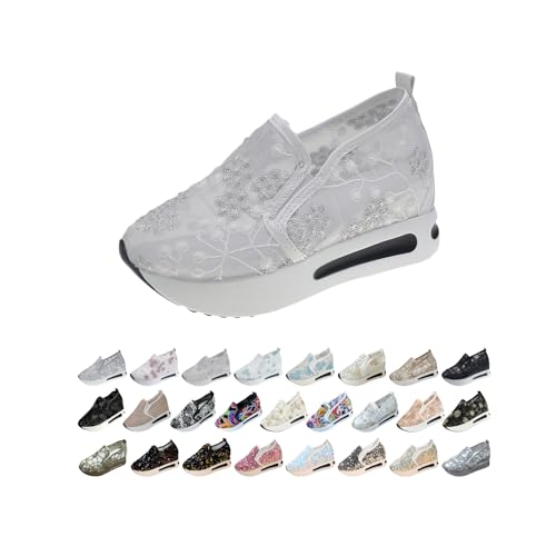 Women's Breathable Mesh Floral Sneakers – Embroidered Slip On Chunky Platform Shoes with Hidden Wedge Heel