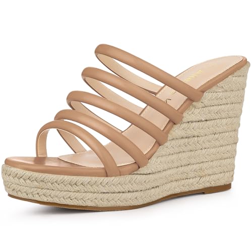 Allegra K Allegra K Women's Platform Strappy Slides Wedge Espadrille Wedges Nude Sandals 9 M US