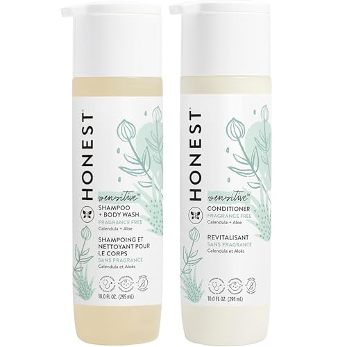 Image of The Honest Company Fragrance Free Bundle for Sensitive Skin | 2-in-1 Cleansing Shampoo + Body Wash and Silicone Free Conditioner | Naturally Derived, Tear free, Hypoallergenic | 20 fl oz