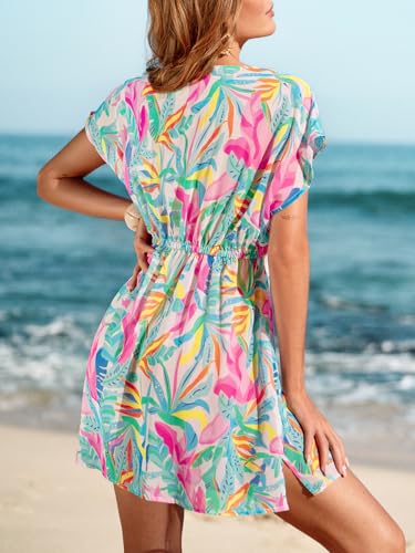 Image of CUPSHE Women's Swimsuit Coverup Casual V Neck Beach Dress Short Sleeve Elastic Waist Swimwear Cover Ups 2026 Beachwear