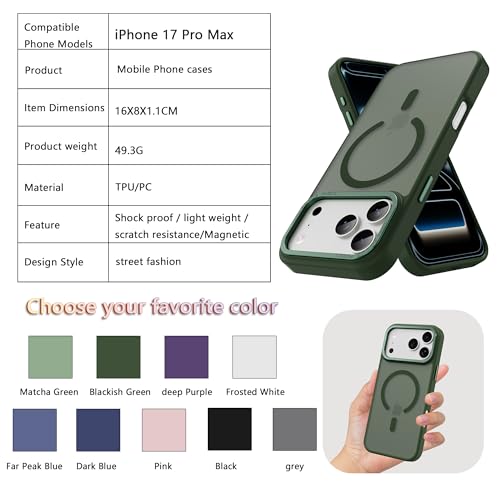 Image of Magnetic for iPhone 17 Pro Max Phone Case, [Compatible with MagSafe], Screen Protectors X1, [Military Grade Drop Protection],Matte Finish,Shockproof,Protective (Blackish Green, 17 PRO max)