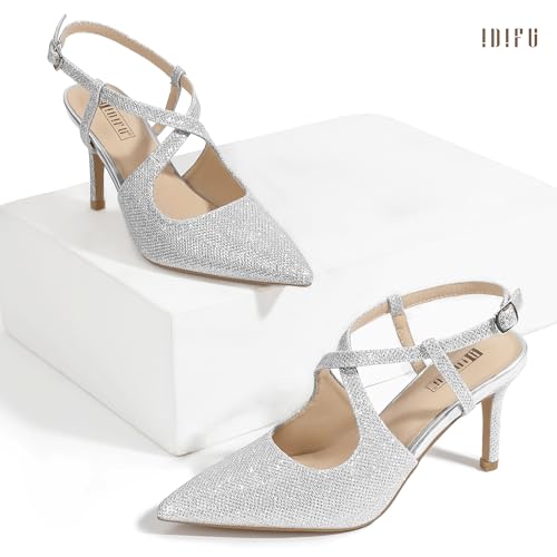 IDIFU IN3 Womens Closed Pointed Toe Heels Low Stilettos Pumps Slingback Adjustable Cross Strap Dress Shoes for Women Wedding Party Prom Evening Dressy Comfortable Sexy Trendy Pumps Shoes4
