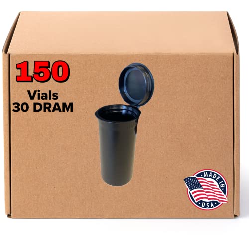 Evo Plastics 150 Black Vials - 30 DRAM Pop Top Bottle - Airtight Containers - BPA Free Medical Grade Plastic Prescription Bottles for Storage - Wholesale Bulk Pack