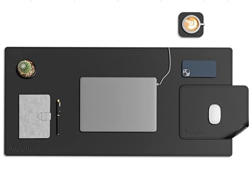 BANNIO Sous-Main Bureau, Tapis de Bureau en cuir PU, [Set de 3] Grand Tapis de souris Étanche avec supplémentaire Mouse Pad et Dessous de Verre pour Bureau/Maison/Gaming, 90x43cm, Noir Cover