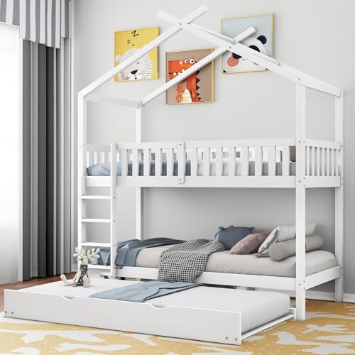 Cayipng Cama Casita Infantil/Juvenil 90x200 cm - 3 Camas Extraíbles con Diseño Compacto y Protección, Color Blanco para Niños y Adolescentes
