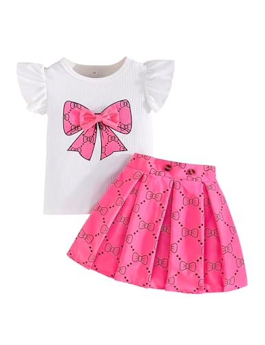Image of Azmxynol Toddler Girls Clothes Cap Sleeve T-Shirt + Bowknot Print 2pcs Summer Shorts Outfit Set For Girls, Size 4-8 Years