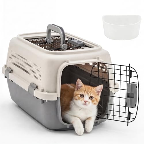 DUMOS 23' Hard-Sided Pet Carrier for Small Dogs & Cats, Airline Approved Travel Crate with Enhanced Security Latches, Front & Top Load Wire Door, Food Bowl for Traveling, Hiking, Camping - Beige&Grey