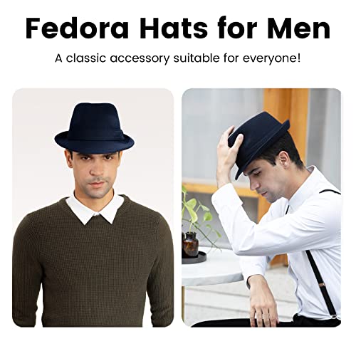 YOUNG LOVE Womens Men Fedora Hats for Men's Classic Manhattan Structured Trilby Fedora Hat Felt Brim Hats for Costume Pary, Navy, Large