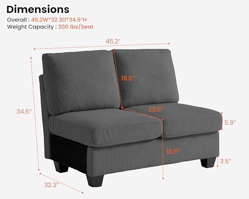 Image of CHIC HOUSE Middle Module for Modular Couch, Corduroy Customizable Chaise, Storage Ottoman for Sectional Sofa, Armrest, Single /Double Seater